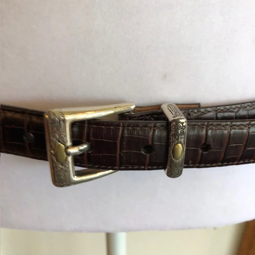 TALBOTS Crocodile Print Brown Western Silver Scroll Buckle Belt Large